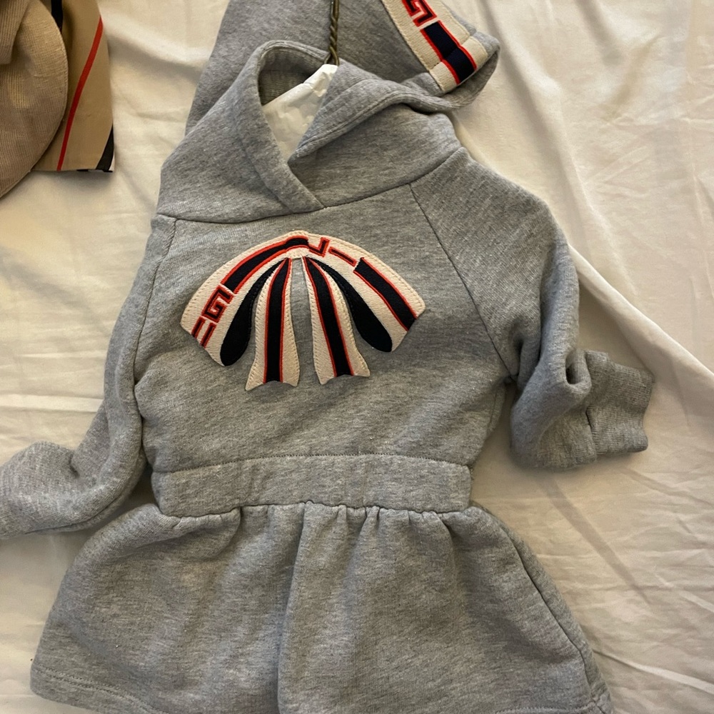 Gucci Grey Hooded Kids Dress with Red, White & Black Appliqué